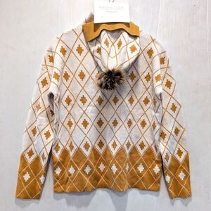 RACHEL ZOE Women's Mustard Argyle Pattern Sweater with Pom-Pom Beanie